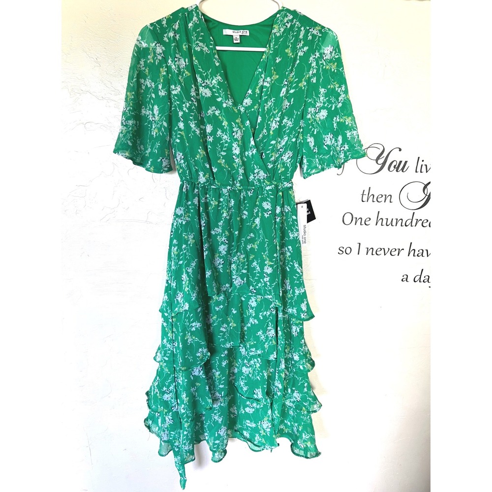 Studio One New York Green Floral Tiered Ruffle flowy Midi Dress cottagecore Tea